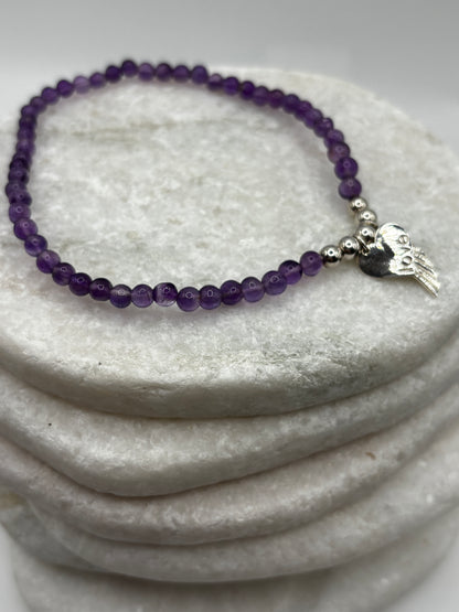 925 Sterling Silver Amethyst Angel Wing Heart Bracelet – Symbolic Gemstone Jewellery