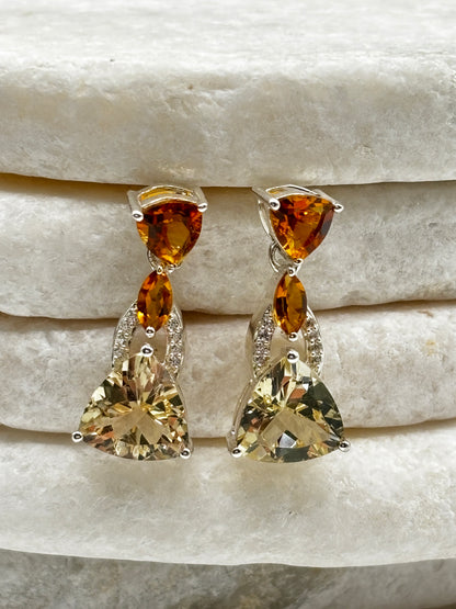 925 Sterling Silver Mandarin Garnet & White Zircon Large Drop Earrings