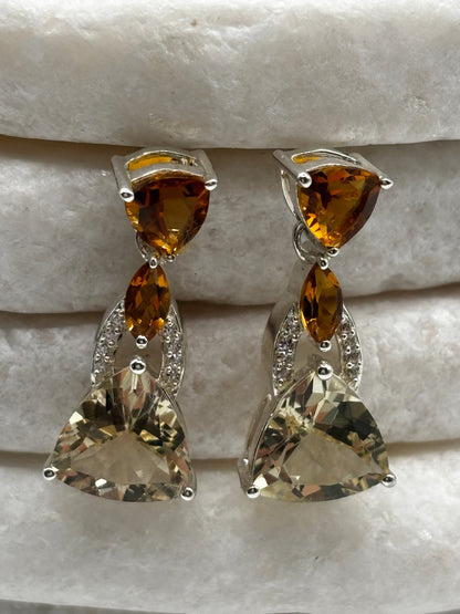 925 Sterling Silver Mandarin Garnet & White Zircon Large Drop Earrings