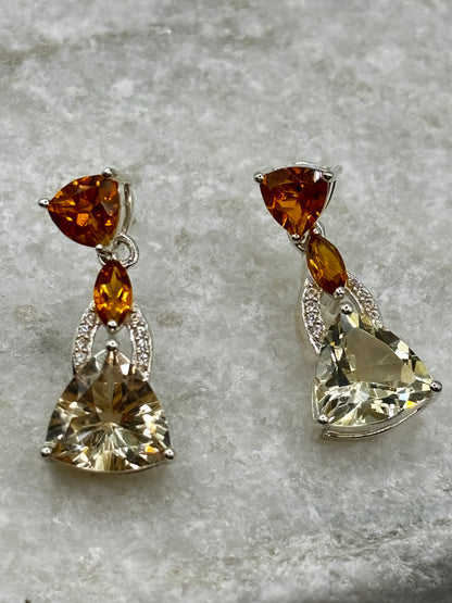 925 Sterling Silver Mandarin Garnet & White Zircon Large Drop Earrings