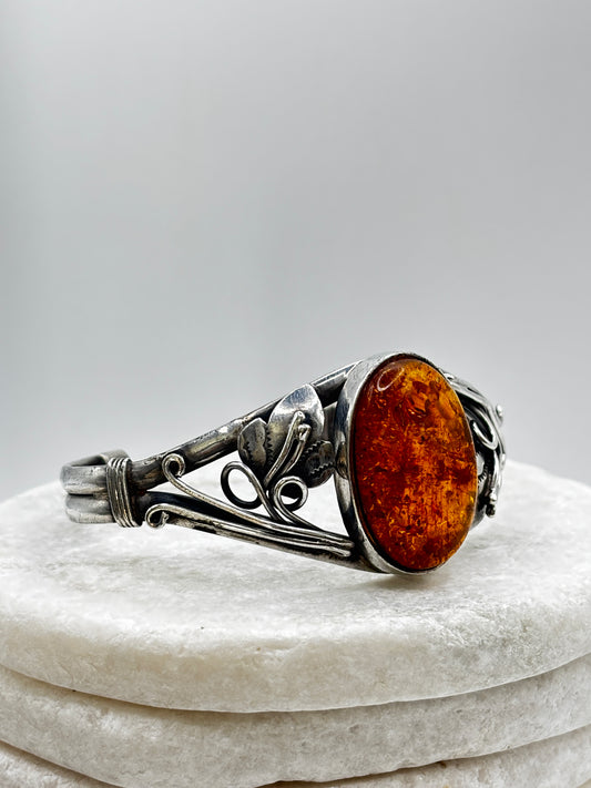 Vintage 925 Sterling Silver Amber Cuff Bangle