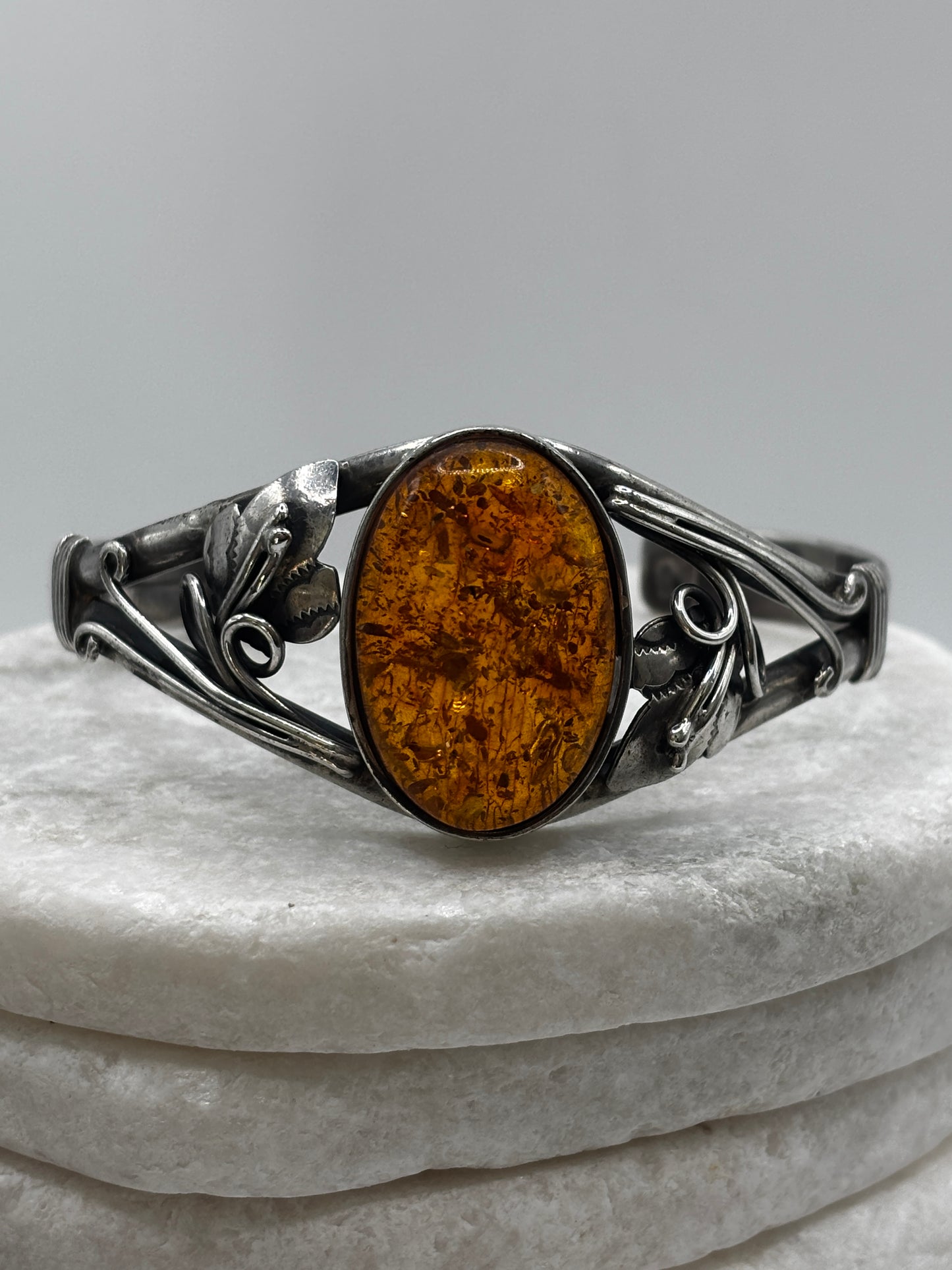 Vintage 925 Sterling Silver Amber Cuff Bangle