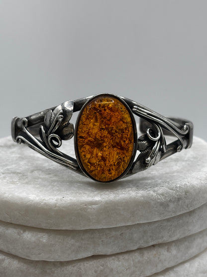 Vintage 925 Sterling Silver Amber Cuff Bangle