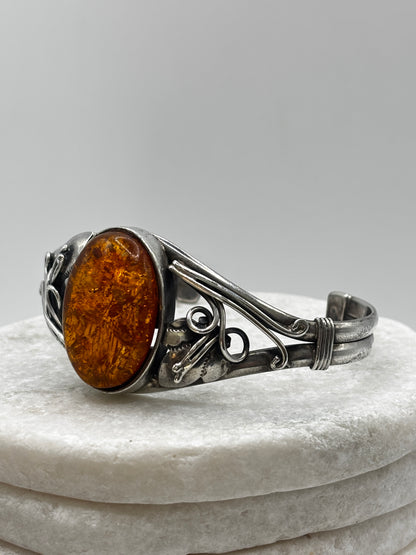 Vintage 925 Sterling Silver Amber Cuff Bangle