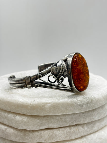 Vintage 925 Sterling Silver Amber Cuff Bangle