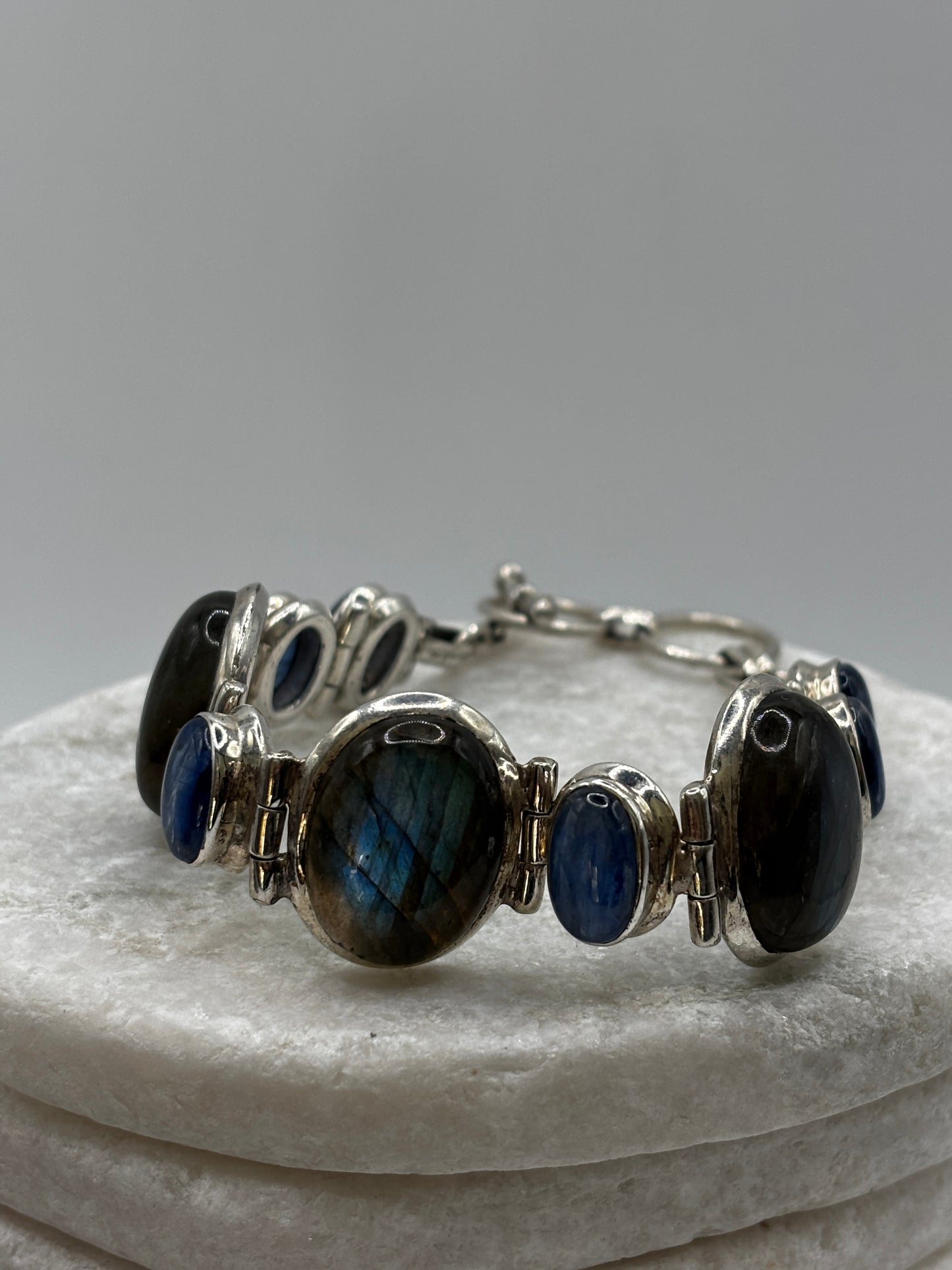 Vintage 925 Sterling Silver Labradorite And Kunzite Chunky Bracelet