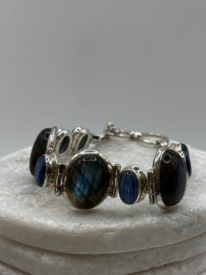 Vintage 925 Sterling Silver Labradorite And Kunzite Chunky Bracelet