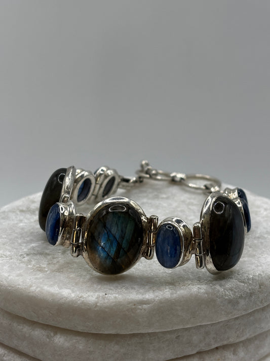 Vintage 925 Sterling Silver Labradorite And Kunzite Chunky Bracelet