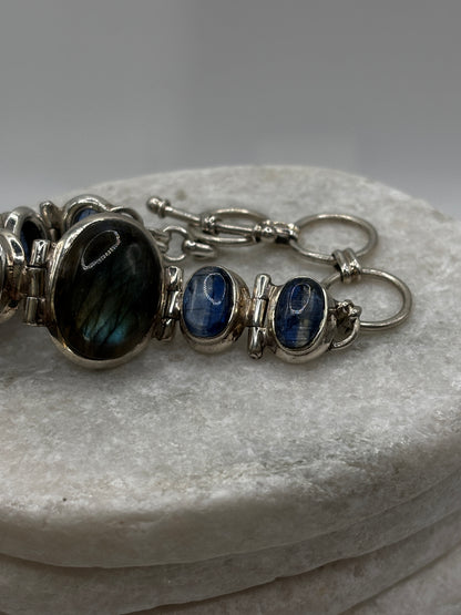 Vintage 925 Sterling Silver Labradorite And Kunzite Chunky Bracelet