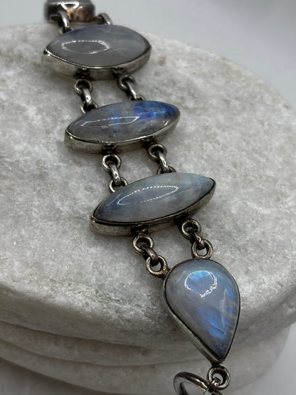 Vintage 925 Sterling Silver Marquise Cut Moonstone Bracelet