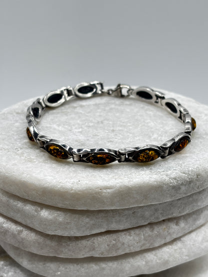 Vintage 925 Sterling Silver Marquise Cut Amber Bracelet