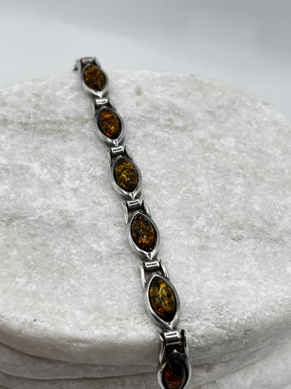 Vintage 925 Sterling Silver Marquise Cut Amber Bracelet