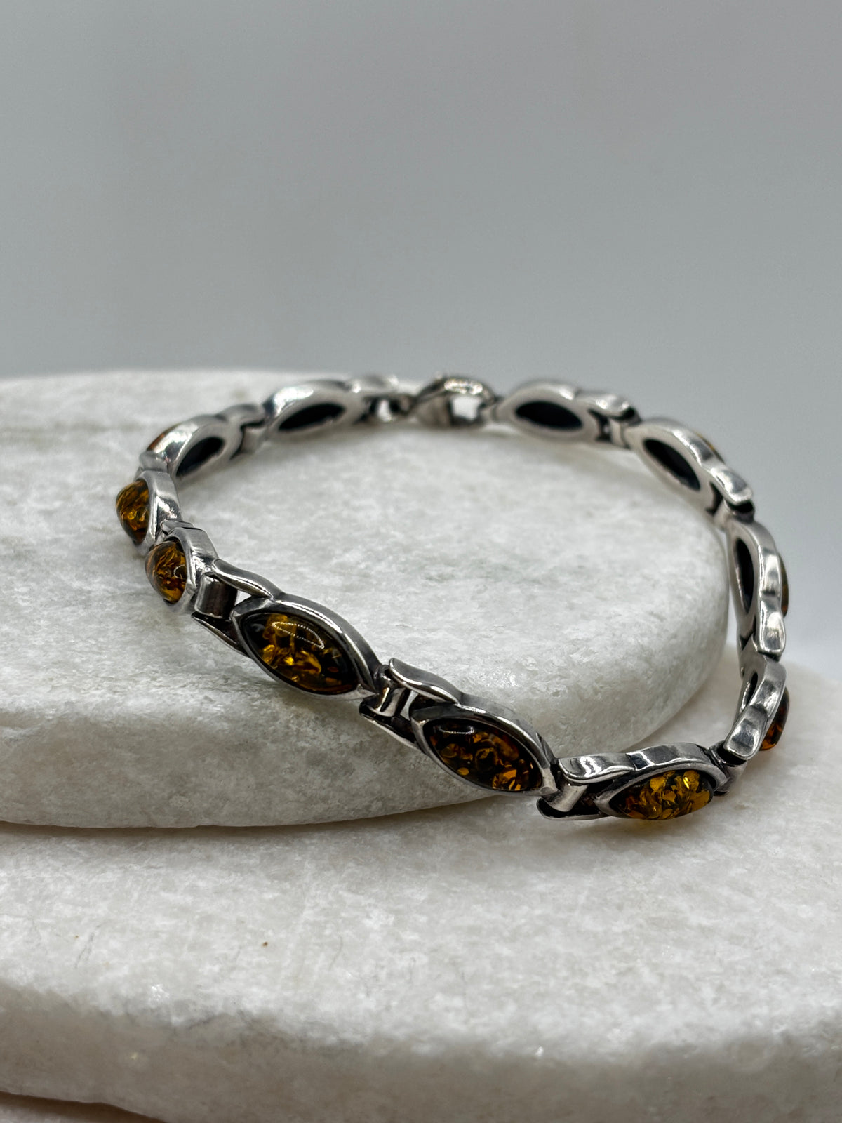Vintage 925 Sterling Silver Marquise Cut Amber Bracelet