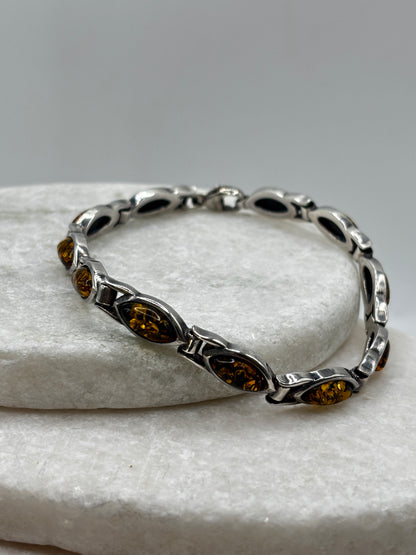 Vintage 925 Sterling Silver Marquise Cut Amber Bracelet