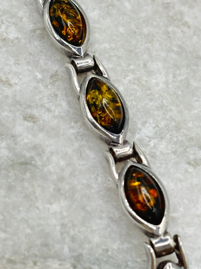 Vintage 925 Sterling Silver Marquise Cut Amber Bracelet