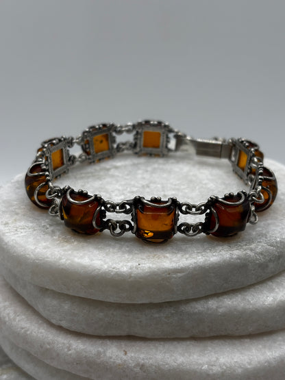 Vintage 925 Sterling Silver Square Cabochon Amber Bracelet