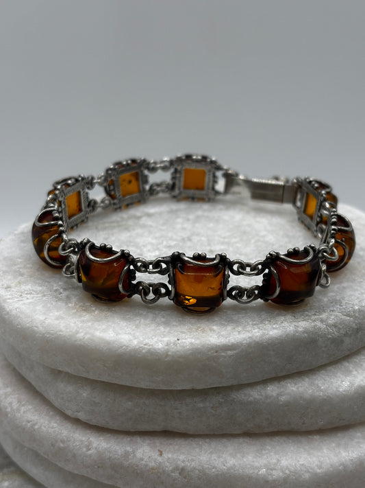 Vintage 925 Sterling Silver Square Cabochon Amber Bracelet