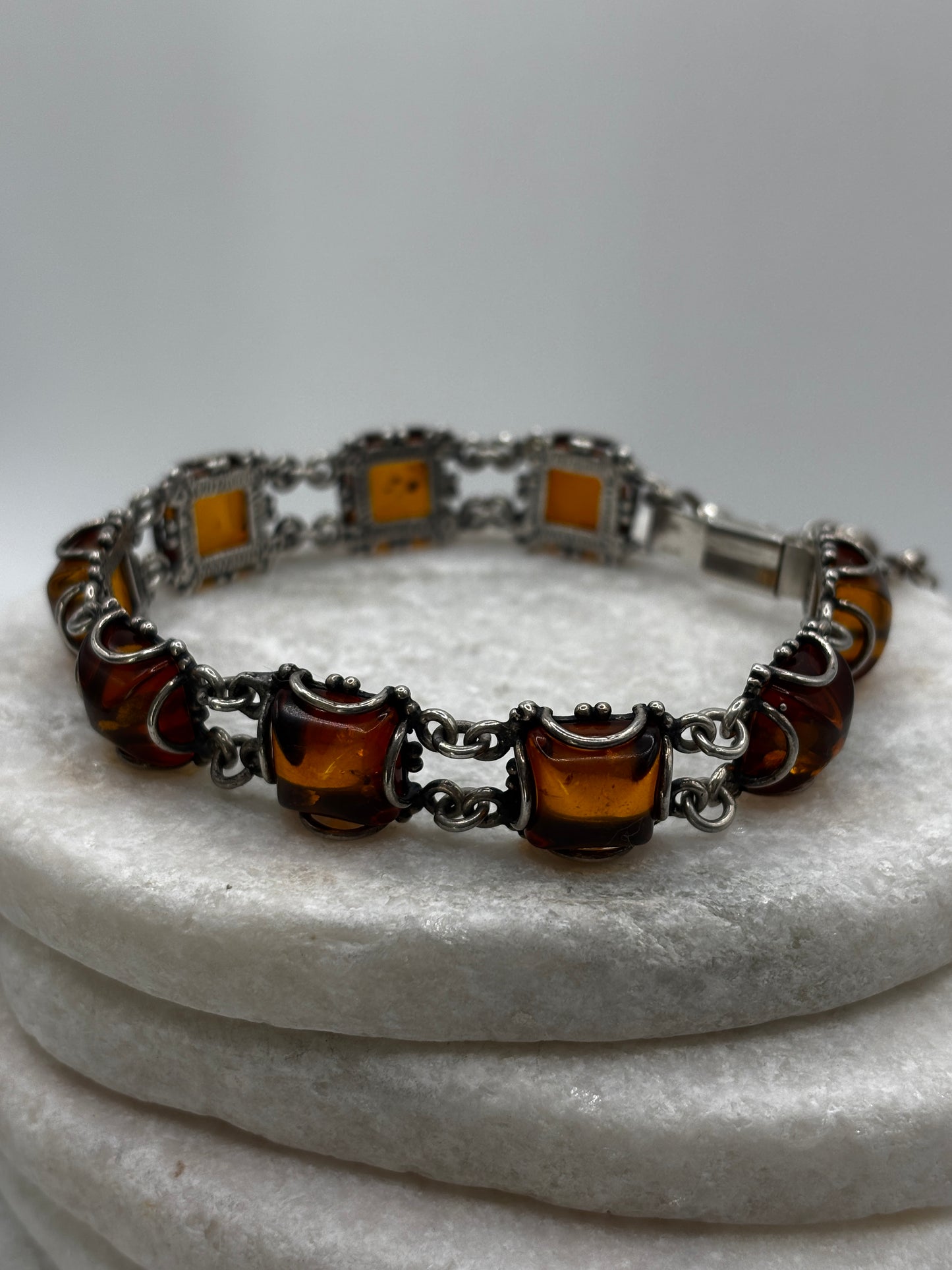 Vintage 925 Sterling Silver Square Cabochon Amber Bracelet