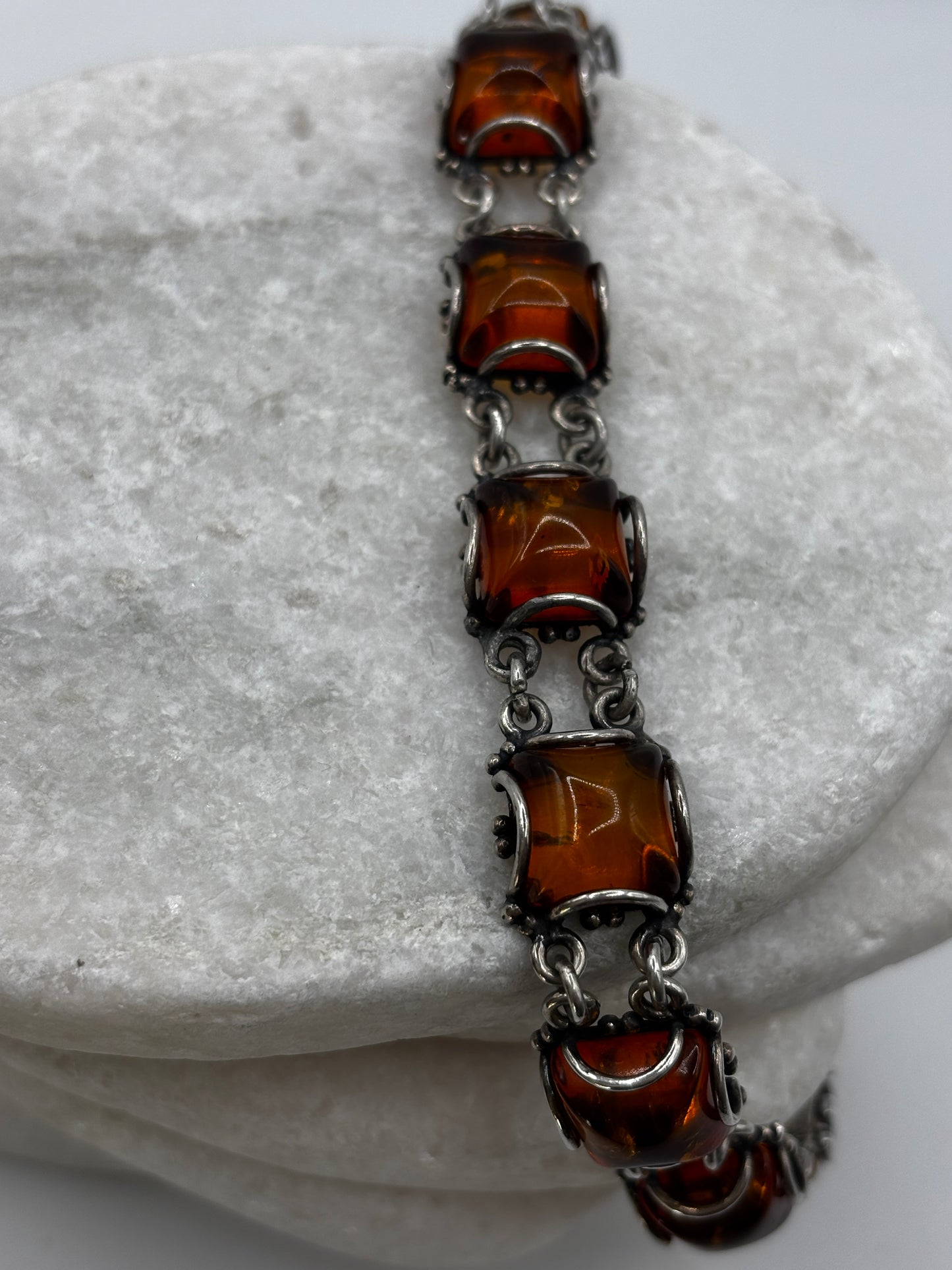 Vintage 925 Sterling Silver Square Cabochon Amber Bracelet