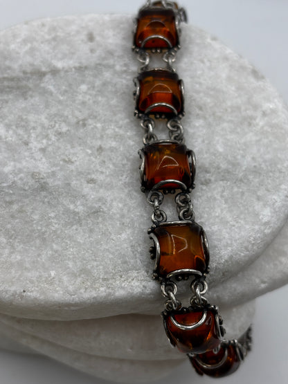 Vintage 925 Sterling Silver Square Cabochon Amber Bracelet