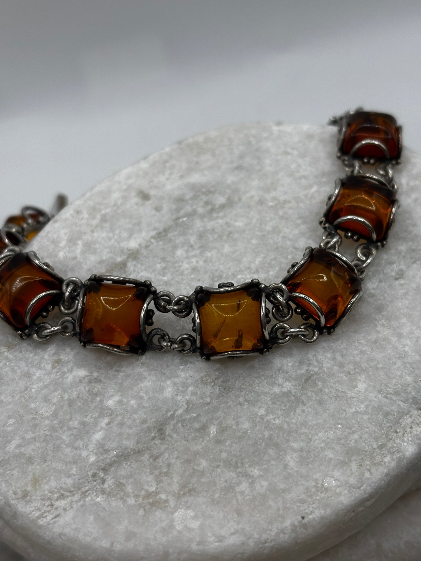 Vintage 925 Sterling Silver Square Cabochon Amber Bracelet