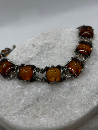 Vintage 925 Sterling Silver Square Cabochon Amber Bracelet