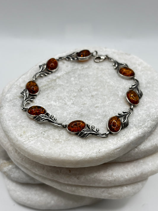 Vintage 925 Sterling Silver Leaf Accented Amber Bracelet
