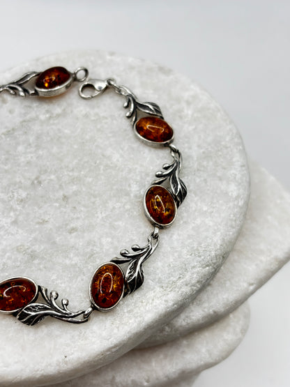 Vintage 925 Sterling Silver Leaf Accented Amber Bracelet