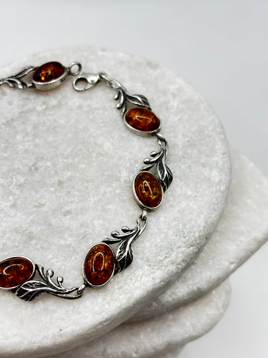 Vintage 925 Sterling Silver Leaf Accented Amber Bracelet