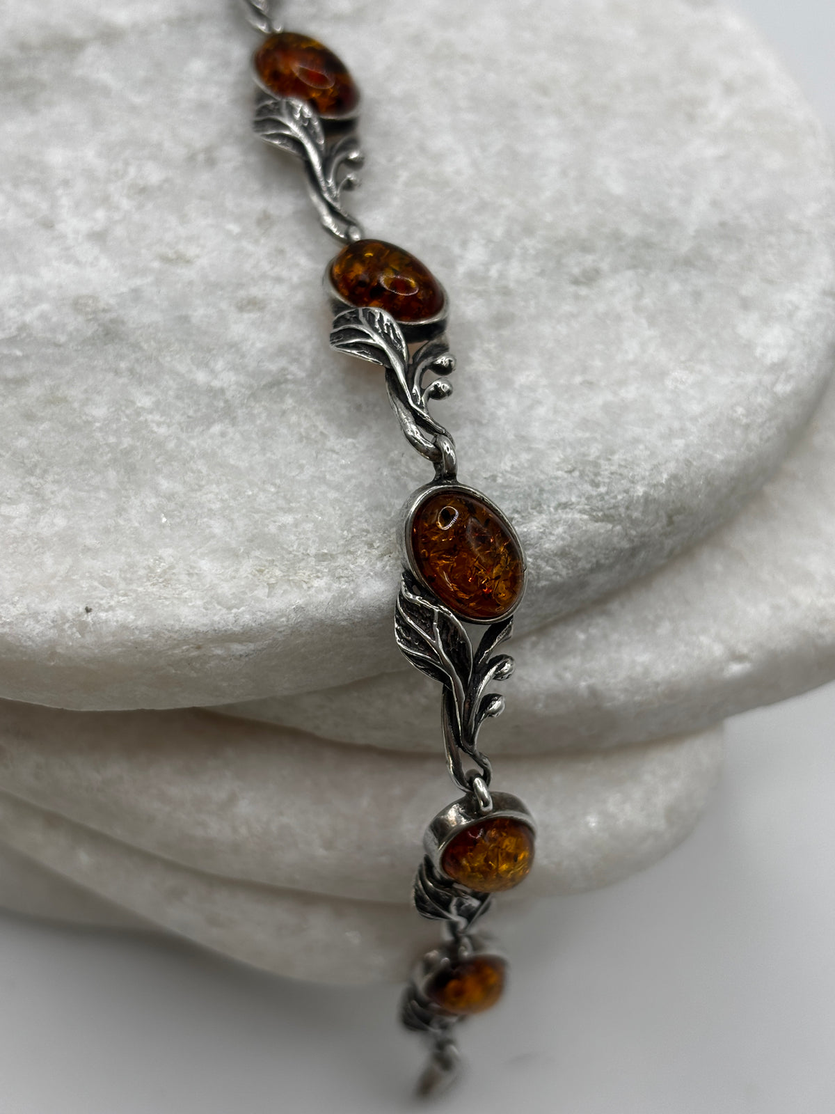 Vintage 925 Sterling Silver Leaf Accented Amber Bracelet