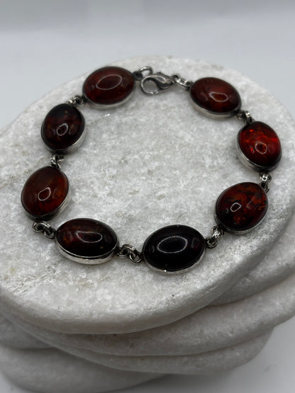 Vintage 925 Sterling Silver Oval Cabochon Deep Orange Amber Bracelet