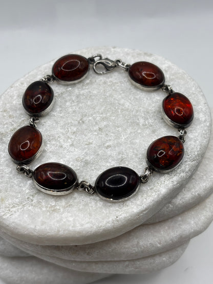 Vintage 925 Sterling Silver Oval Cabochon Deep Orange Amber Bracelet
