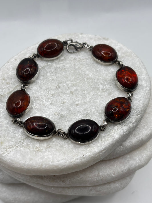 Vintage 925 Sterling Silver Oval Cabochon Deep Orange Amber Bracelet