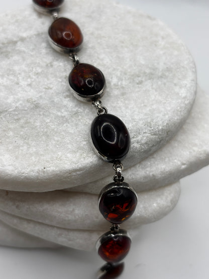 Vintage 925 Sterling Silver Oval Cabochon Deep Orange Amber Bracelet