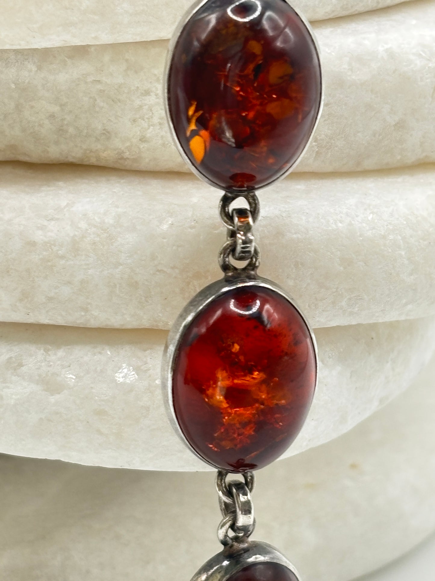 Vintage 925 Sterling Silver Oval Cabochon Deep Orange Amber Bracelet