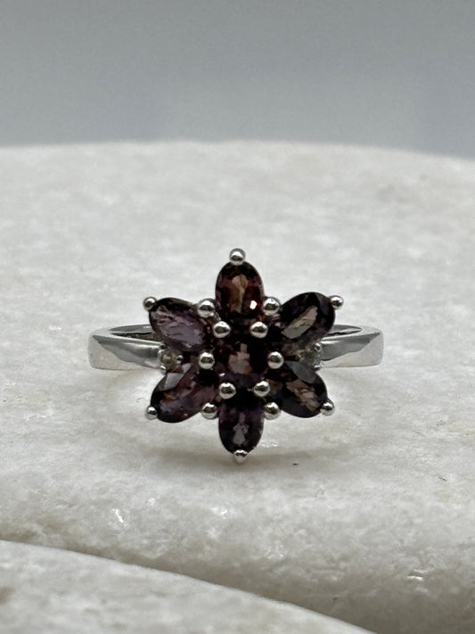 925 Sterling Silver Red / Pink Spinel Floral Ring - Size L.5