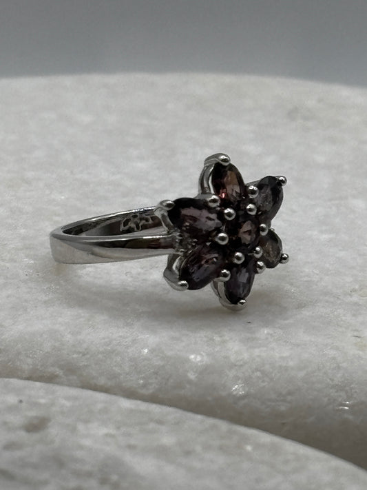 925 Sterling Silver Red / Pink Spinel Floral Ring - Size L.5
