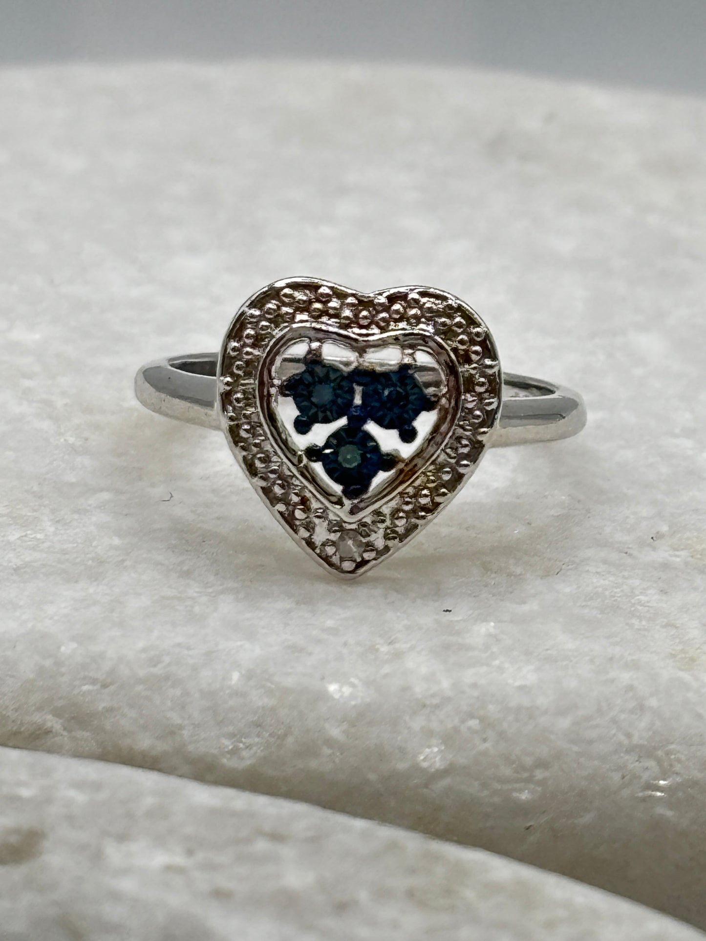 925 Sterling Silver Three Diamond Heart Halo Ring - Size M