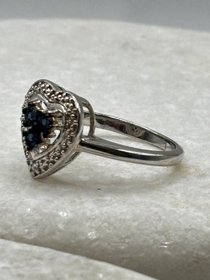 925 Sterling Silver Three Diamond Heart Halo Ring - Size M