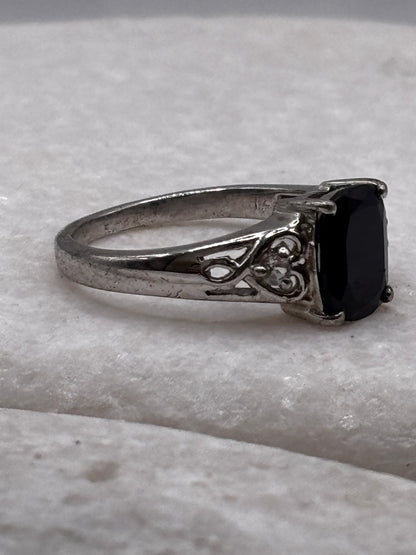 925 Sterling Silver Black Spinel and White Zircon Trilogy Ring - Size O