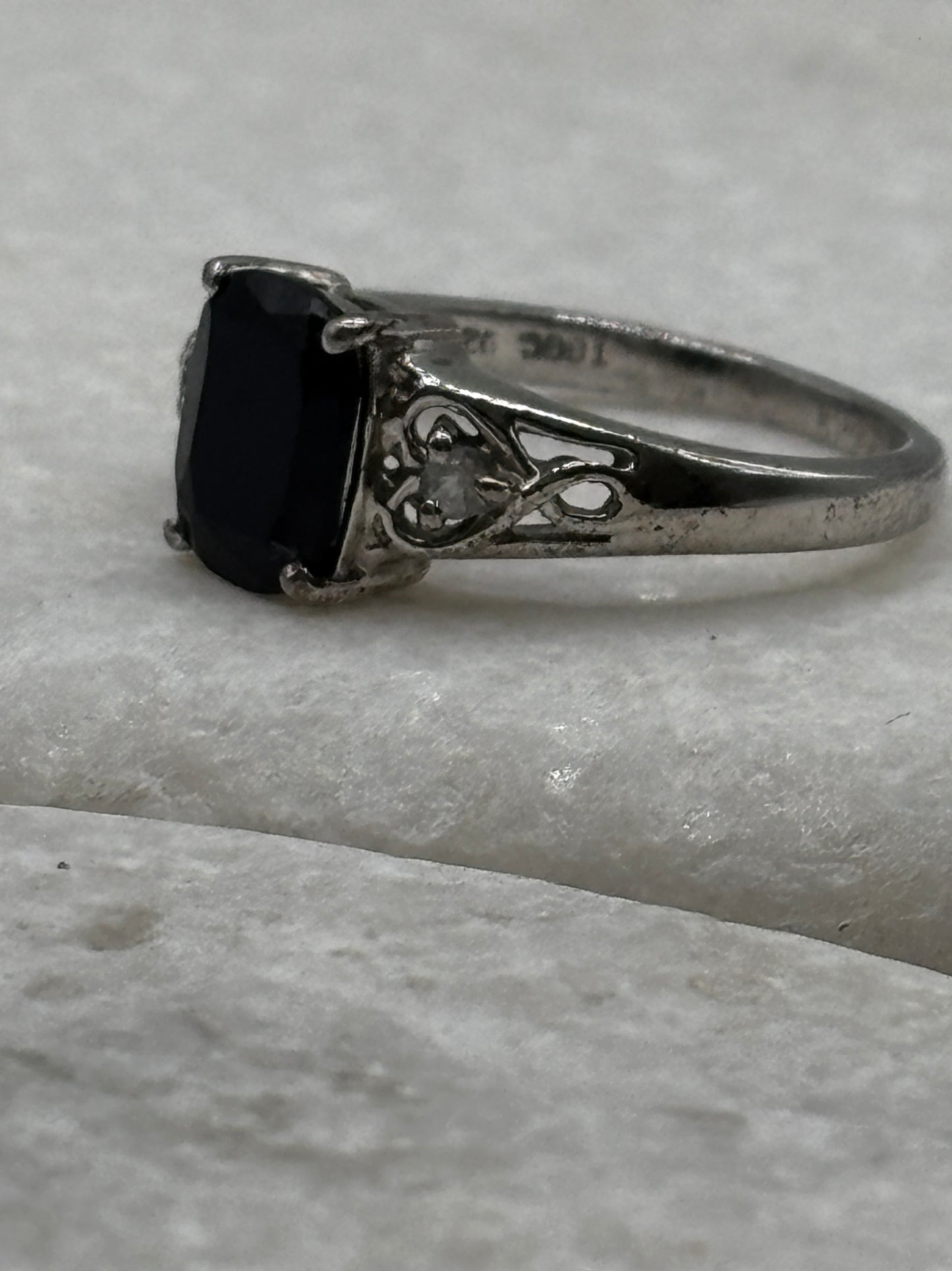 925 Sterling Silver Black Spinel and White Zircon Trilogy Ring - Size O
