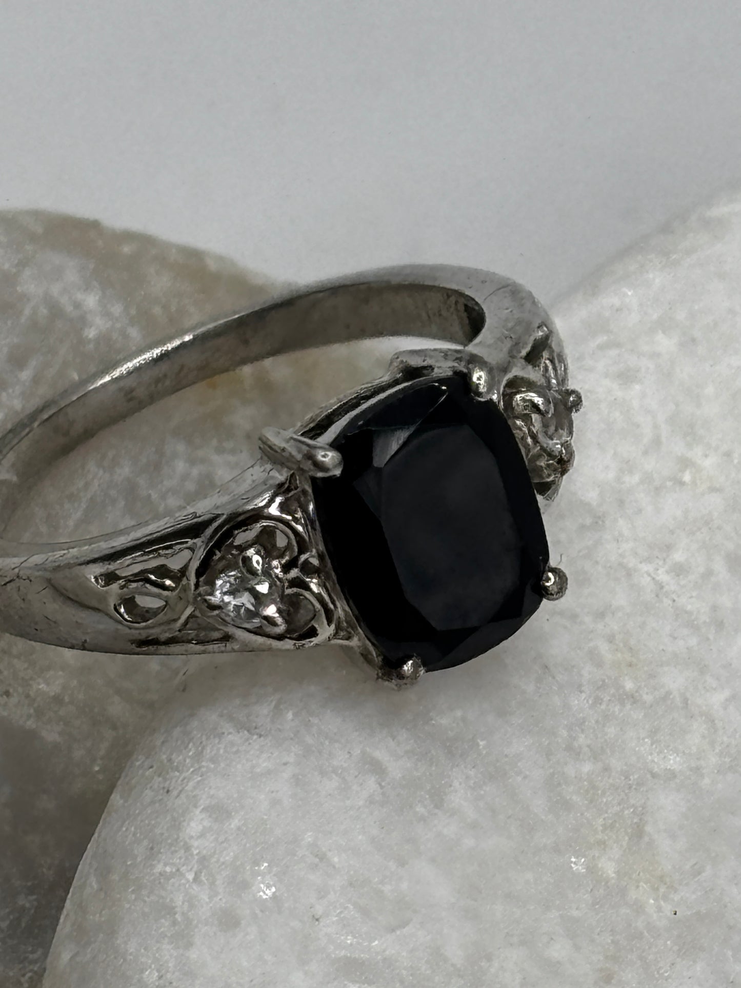 925 Sterling Silver Black Spinel and White Zircon Trilogy Ring - Size O