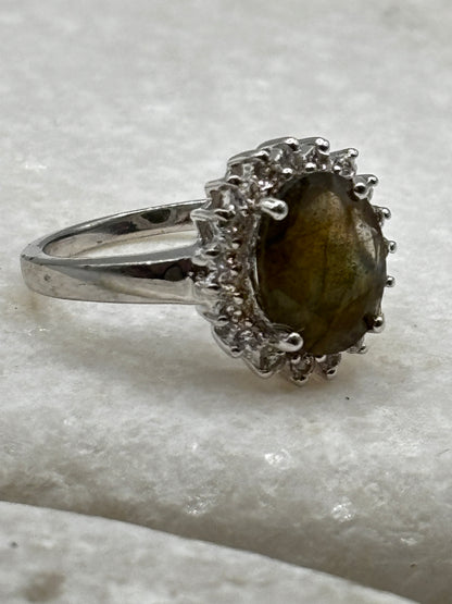 925 Sterling Silver Labradorite and White Topaz Halo Ring - Size M