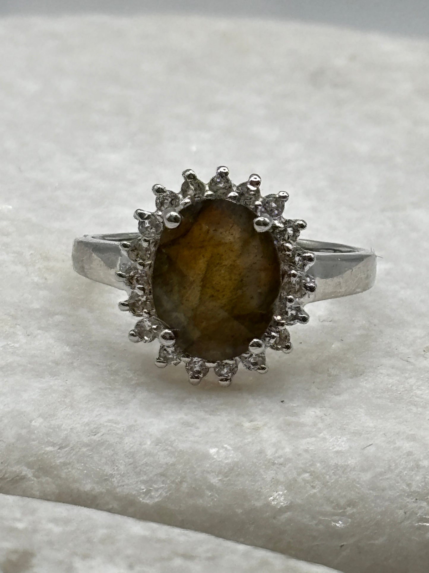 925 Sterling Silver Labradorite and White Topaz Halo Ring - Size M