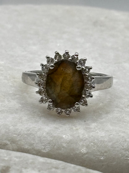 925 Sterling Silver Labradorite and White Topaz Halo Ring - Size M