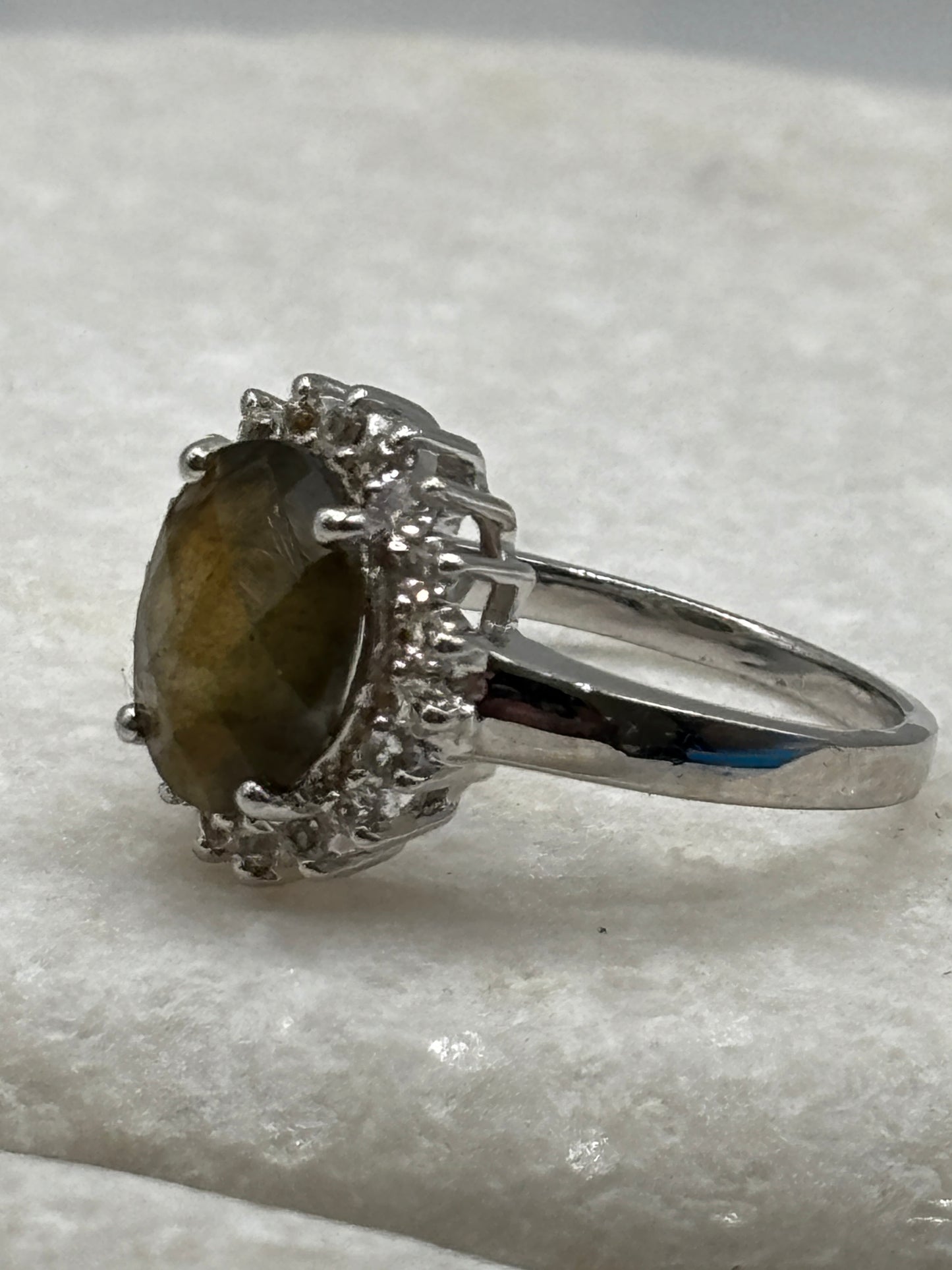 925 Sterling Silver Labradorite and White Topaz Halo Ring - Size M