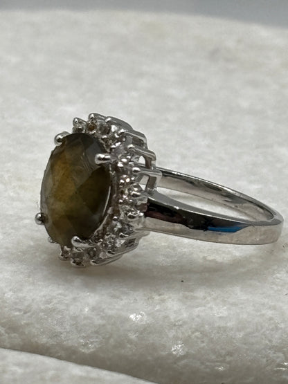 925 Sterling Silver Labradorite and White Topaz Halo Ring - Size M