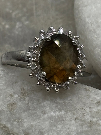 925 Sterling Silver Labradorite and White Topaz Halo Ring - Size M