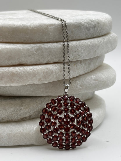 925 Sterling Silver Large Garnet Cluster Pendant on 45cm Chain