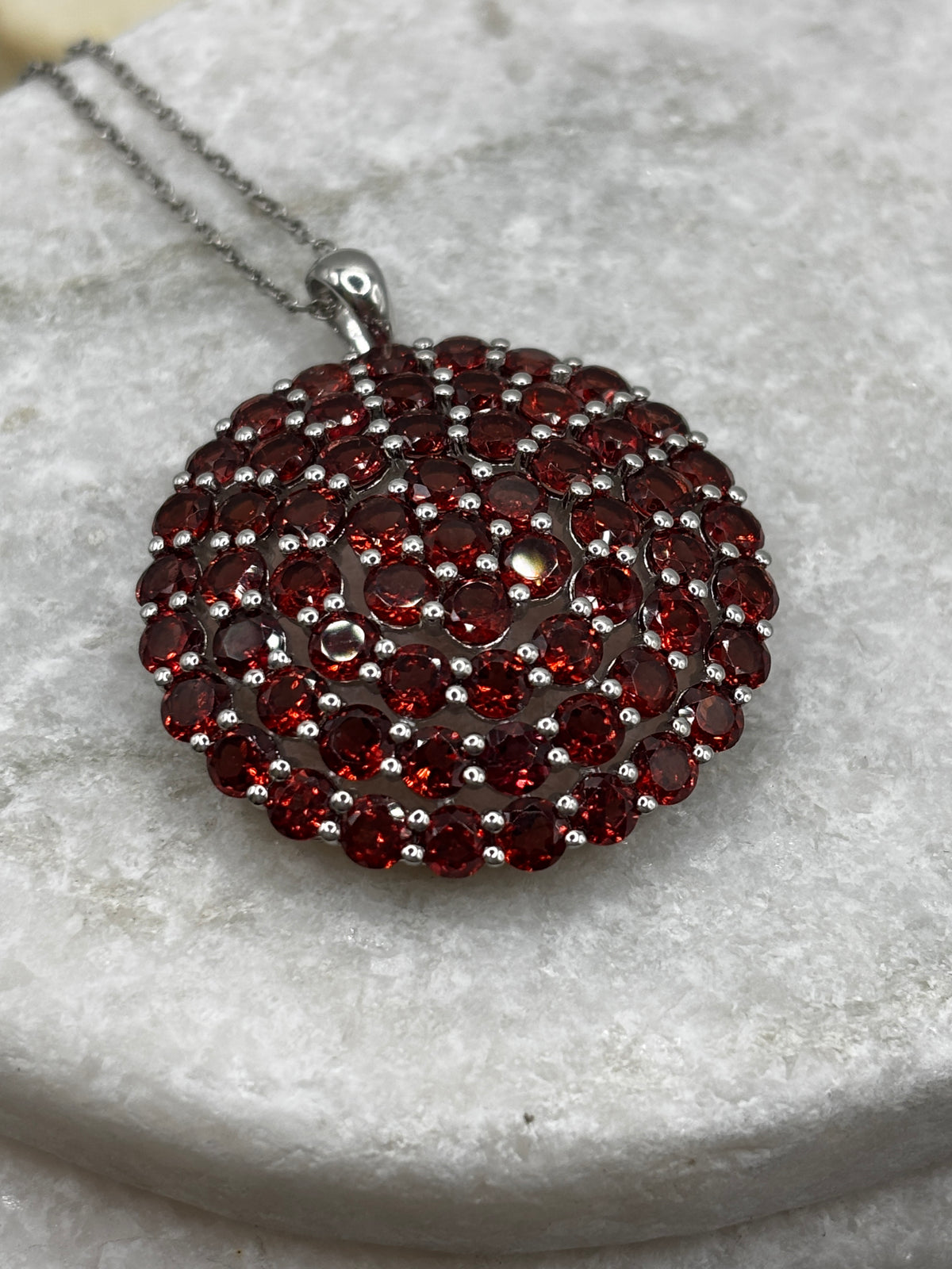925 Sterling Silver Large Garnet Cluster Pendant on 45cm Chain